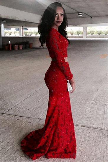 Two Piece Lace Sexy Prom Dresses 2022 | Red Long Sleeve Beads Sequins Evening Gown_4