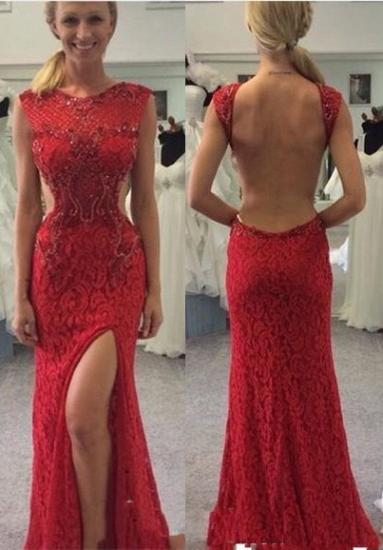 Split Red Long Mermaid Prom Dress 2022 Sexy rückenfreie Spitzen-Abschlussballkleider_1