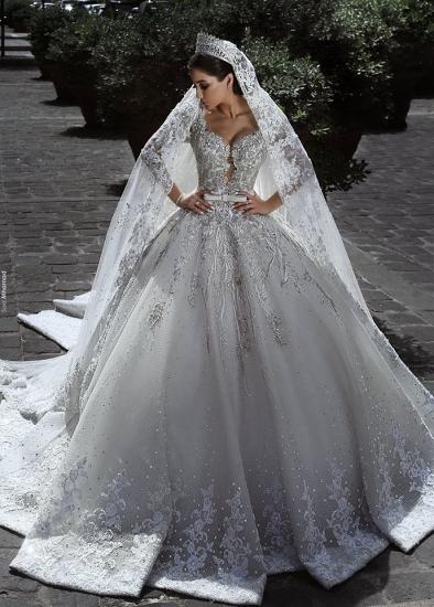 Glamorous Long Sleeves Tulle Appliques Wedding Dresses ｜Crystal Bridal Ball Gowns with Bow_1