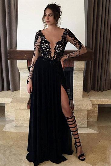 Long Sleeve Sheer Tulle Black Lace Evening Dresses 2022 Split Chiffon Sexy Prom Dresses_3