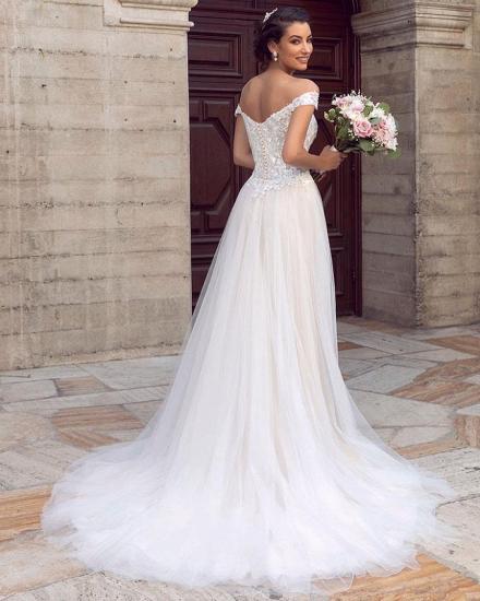 SImple Wedding Gown White/Ivory Off Shoulder Lace Tulle Bridal Gown_2