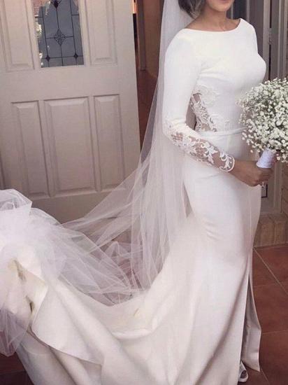 Lace Satin Long Sleeves Mermaid Scoop Court Train Wedding Dresses_2