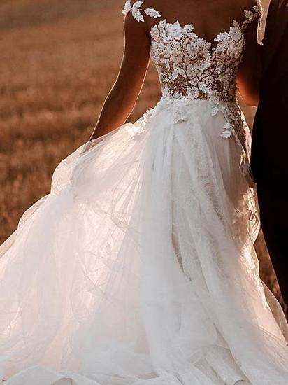 Sexy See-Through A-Line Wedding Dress Jewel Lace Tulle Short Sleeve Bridal Gowns Sweep Train_3