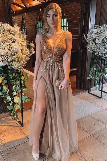 Sexy Front Slit Deep V Neck Prom Dress | Sleeveless Beading Ruffles Long Prom Dress