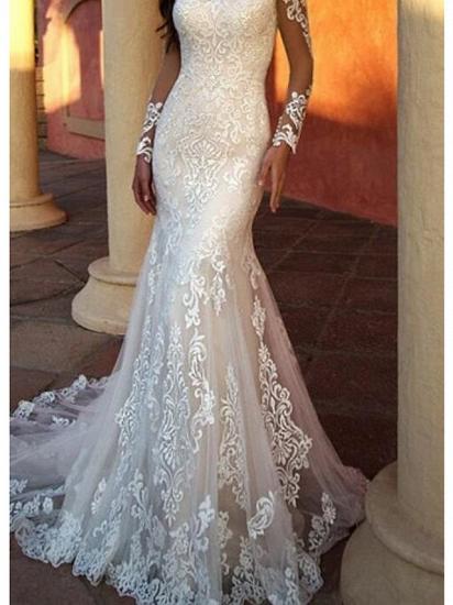 Sexy Mermaid Wedding Dresses Jewel Lace Tulle Long Sleeve Bridal Gowns Sweep Train_3