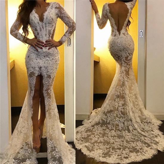 Lace Appliques Sexy White Evening Dresses | Long Sleeve Prom Dresses with Slit_3