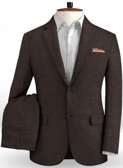 Brown two-piece notched lapel linen mens suit_1