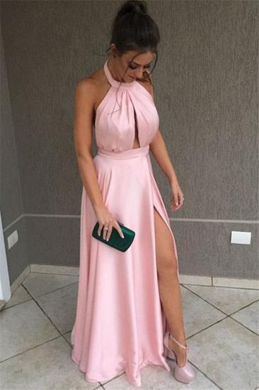 Amazing Pink Halter Side-Slit Prom Dresses | Sleeveless Evening Dresses with Keyhole