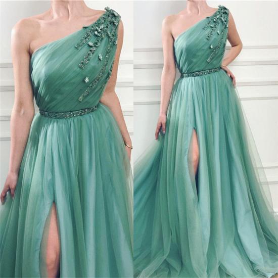Glamorous One Shoulder Green Tulle Prom Dress with Beading | Sexy Front Slit Long Prom Dress with Beading Sash_3