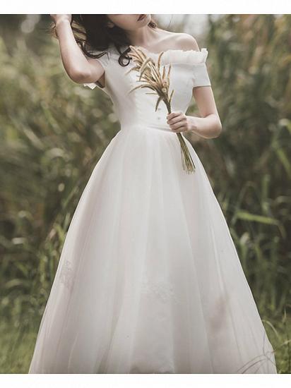 Simple A-Line Wedding Dresses Off Shoulder Ankle Length Satin Tulle Short Sleeve Elegant Bridal Gowns On Sale