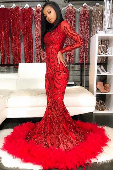 Sparkle Appliques Long Sleeve Mermaid Red Prom Dresses Cheap with Feather