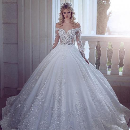 Gorgeous Off Shoulder Long Sleeve Wedding Dress| Lace Appliques Ball Bridal Gowns_2
