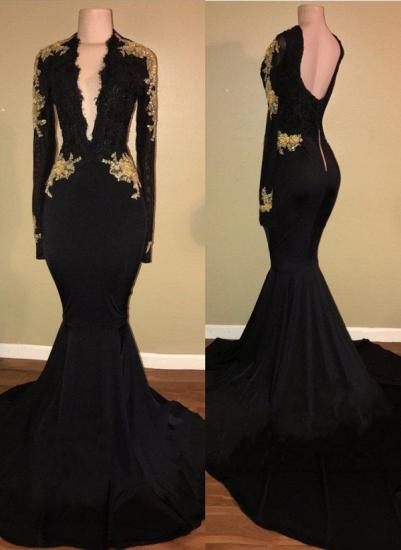 Sexy Black and Gold Prom Dresses | Deep V-Neck Long Sleeves Evening Gowns