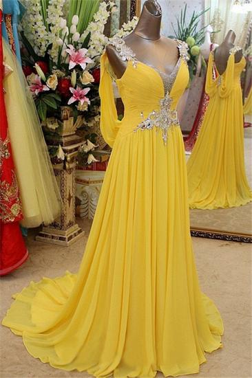 Affordable Yellow Spaghetti Strap Open Back Prom Dresses | Sleeveless Applique Evening Dresses with Beads