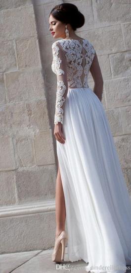 White Lace Sheer Long Sleeve Wedding Dresses Side Slit Chiffon Evening Dresses_2