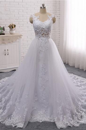 TsClothzone Stylish Jewel Mermaid Lace Appliques Wedding Dress White Sleeveless Beadings Bridal Gowns with Overskirt On Sale_2