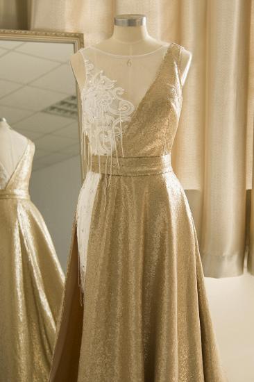 Sparkle Gold One shoulder Lace Sequined Prom Dress with Belt_5