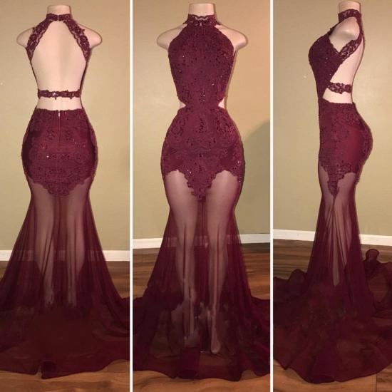 Burgundy Sheer-Tulle Lace-Appliques High-Neck Mermaid Prom Dresses_3