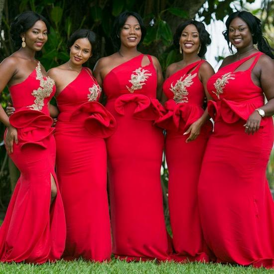 One-Shoulder Red Bridesmaid Dresses Plus Size Mermaid Wedding Party Dress_4