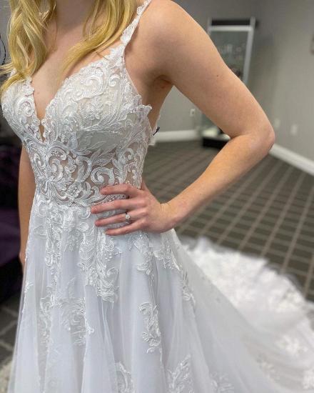 White Lace Wedding Dress Sleeveless V-Neck Tulle Bridal Dress_3