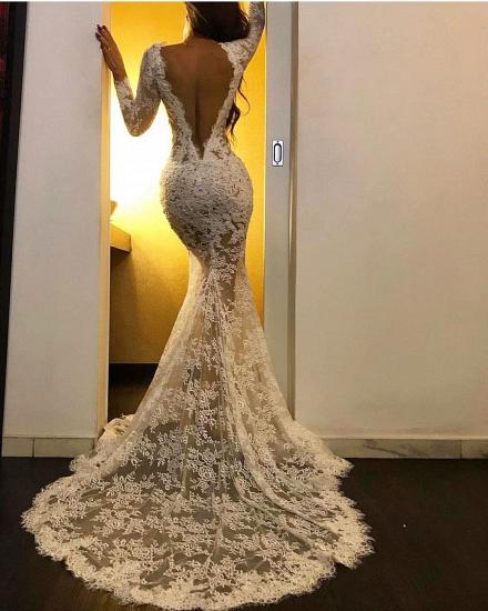 Stylish Long Sleeves Mermaid Evening Dress White Floral Lace Side Slit Prom Dress for Women_3