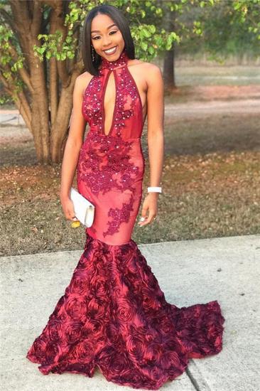 New Arrival Mermaid High Neck Prom Dresses Appliques Evening Gowns with Beadings_1