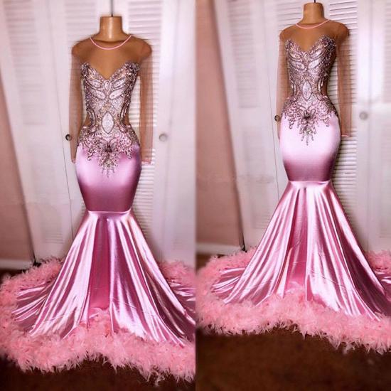 Long Sleeve Pink Mermaid Beads Crystals Sexy Prom Dresses Cheap with Feather_2