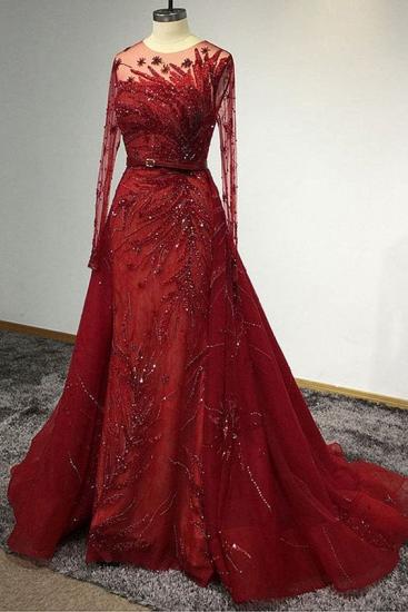 Atemberaubendes rotes Meerjungfrauen-Abendkleid mit langen Ärmeln und abnehmbarer Schleppe_4