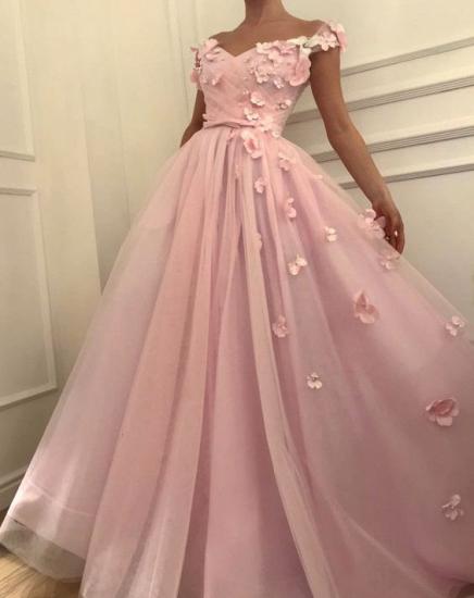 Pink Flowers A-Line Tulle Long Prom Dress | Elegant Off-the-Shoulder Evening Gowns_4