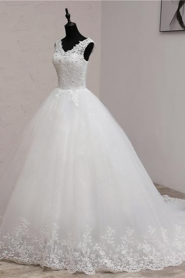 TsClothzone Ball Gown V-Neck White Tulle Wedding Dresses Sleeveless Lace Appliques Bridal Gowns with Beadings_5