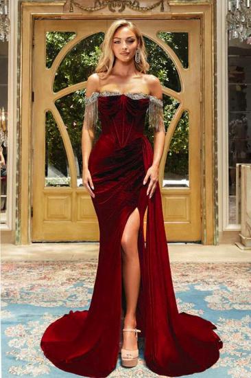 Designer Burgundy Off Shoulder Velvet Long Prom Dresses Evening Gowns_1