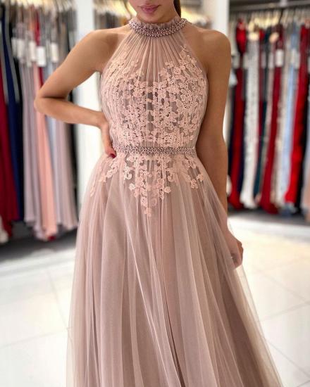 Stunning Halter Lace Appliques Tulle Aline Evening Maxi Dress_3