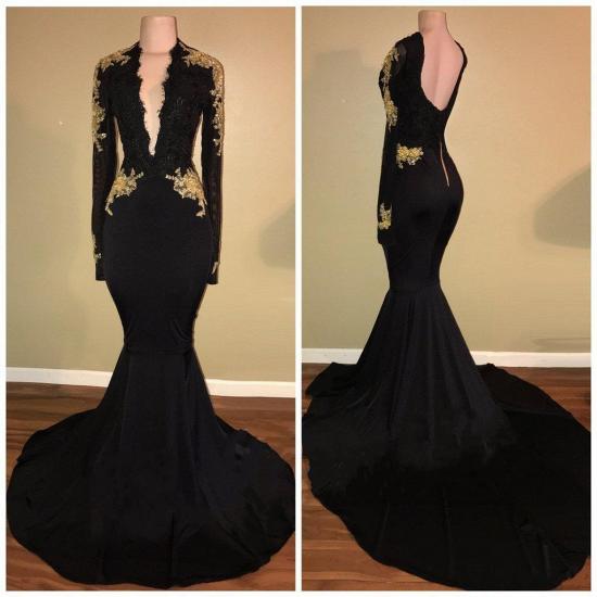 Sexy schwarz und gold prom kleider | Abendkleid mit tiefem V-Ausschnitt und langen Ärmeln_3