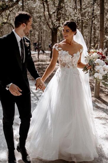 Elegant Cap Sleeve Tulle Lace Simple Wedding Dress White Floor Length Garden Bridal Gown_1