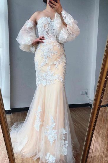Romantic Puffy Sleeves Mermaid Wedding Dress Floral Appliques_1