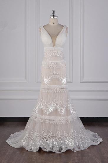 TsClothzone Wunderschöne Brautkleider mit V-Ausschnitt, Tüll und Perlenbesatz, Etui-Brautkleider mit Quasten im Angebot