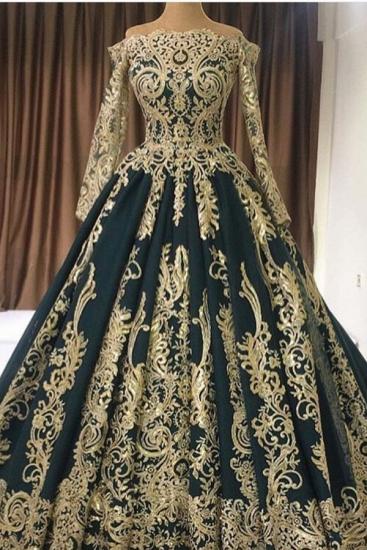 Luxury Off Shoulder Long Sleeves Gold Appliques Evening Gown_1