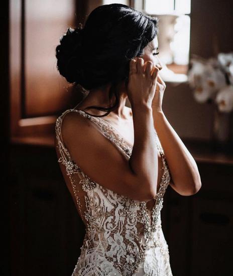 Backless Lace Deep V-Neck Beaded Floor Length Wedding Dress_2