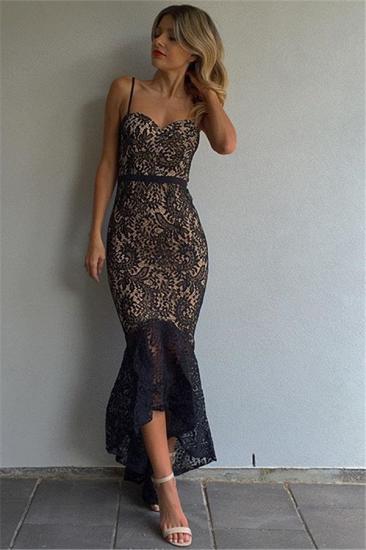 Black Lace Mermaid Prom Dresses 2022 Spaghetti Straps Hi-Lo Evening Gowns_1