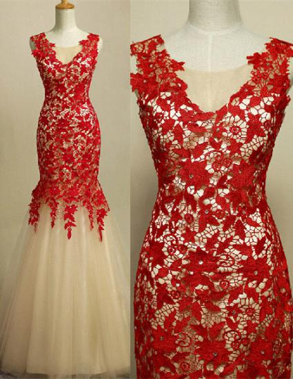 Red See Through Lace Mermaid 2022 Evening Dresses Sleeveless Appliques Floor Length Dresses_4