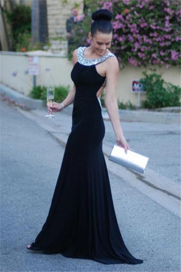 Sexy Backless 2022 Evening Dresses Crystals Black Long Sheath Prom Gowns_2