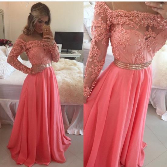 Lace Chiffon 2022 New Prom Dresses Gold Belt Long Sleeve Beaded Evening Gowns_3