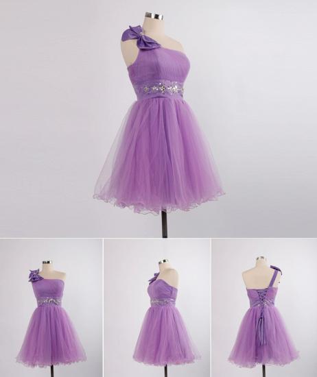 Elegant One Shoulder Lace-up Mini Dresses for Juniors Crystal Short Bowknot Formal Popular Homecoming Dresses_3