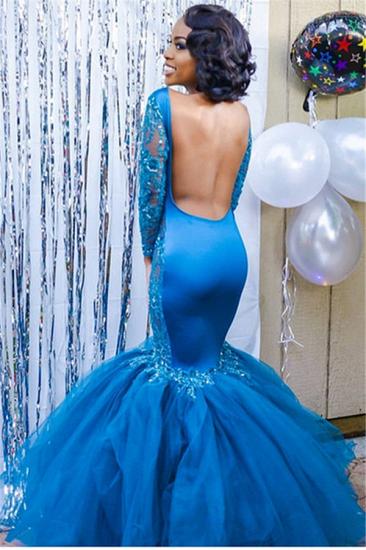 Elegant Blue Long Sleeves Lace Prom Dresses | Affordable Wholesale Fit and Flare Open Back Evening Dresses_3