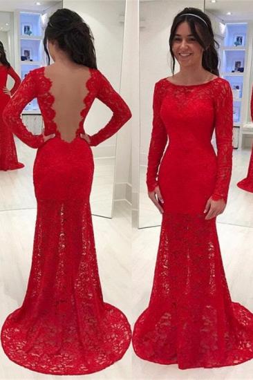 Elegante rote Meerjungfrau-Spitze-Abschlussballkleider 2022 mit langen Ärmeln und U-Ausschnitt-Abendkleidern_2