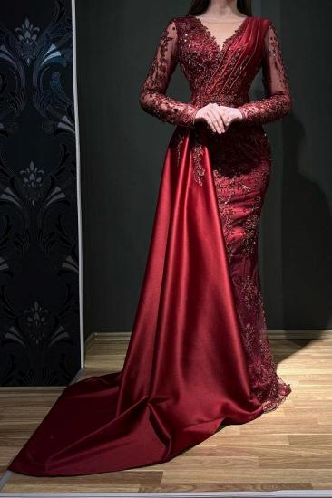 Designer evening dresses long wine red | Lace prom dresses with sleeves_1