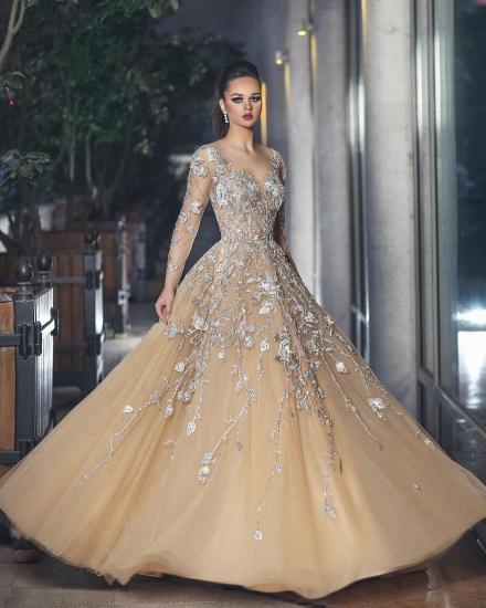 Glamorous Long Sleeve Evening Dress Tulle With Lace Appliques_1