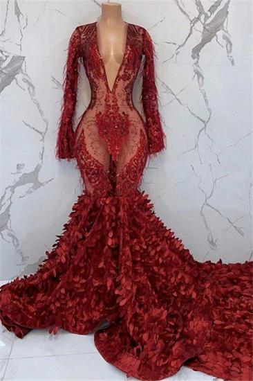 Sexy Deep V-neck Appliques Prom Dress | Feather Long Sleeve Mermaid Evening Gowns