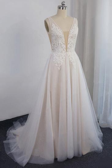 Glamouröses ärmelloses Brautkleid mit V-Ausschnitt und Trägern | Applikationen Tüll A-Linie Brautkleider
