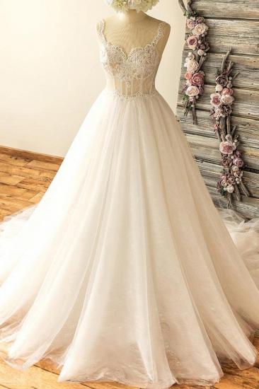 Gorgeous Straps Sleeveless Tulle Wedding Dress | A-line Appliques Lace Bridal Gowns_2